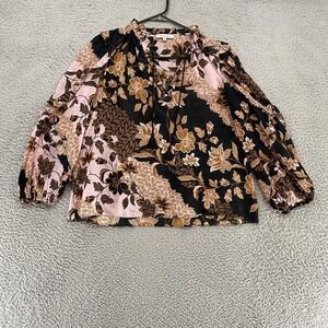 Olivaceous Floral Blouse Top Womens Medium Black Pink Long Sleeve Tassel Boho